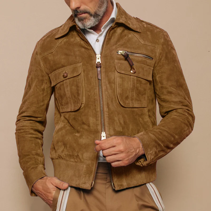 Men’s Bomber Jacket – Slim Fit – Suede Feel – Two-Way Zipper – Chest Pockets