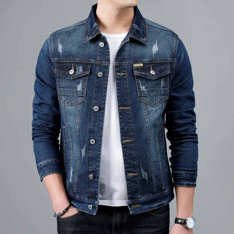 Men’s Denim Jacket – Regular Fit – Button Front – Chest & Waist Pockets – Distressed
