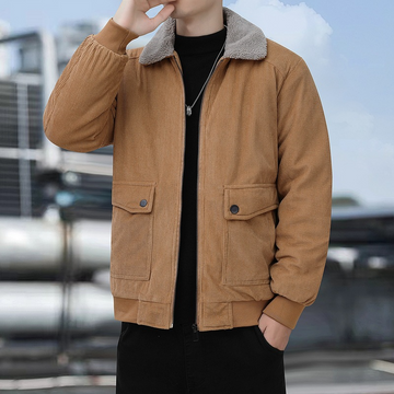 Men’s Bomber Jacket – Relaxed Fit – Corduroy Texture – Sherpa Collar – Ribbed Hem