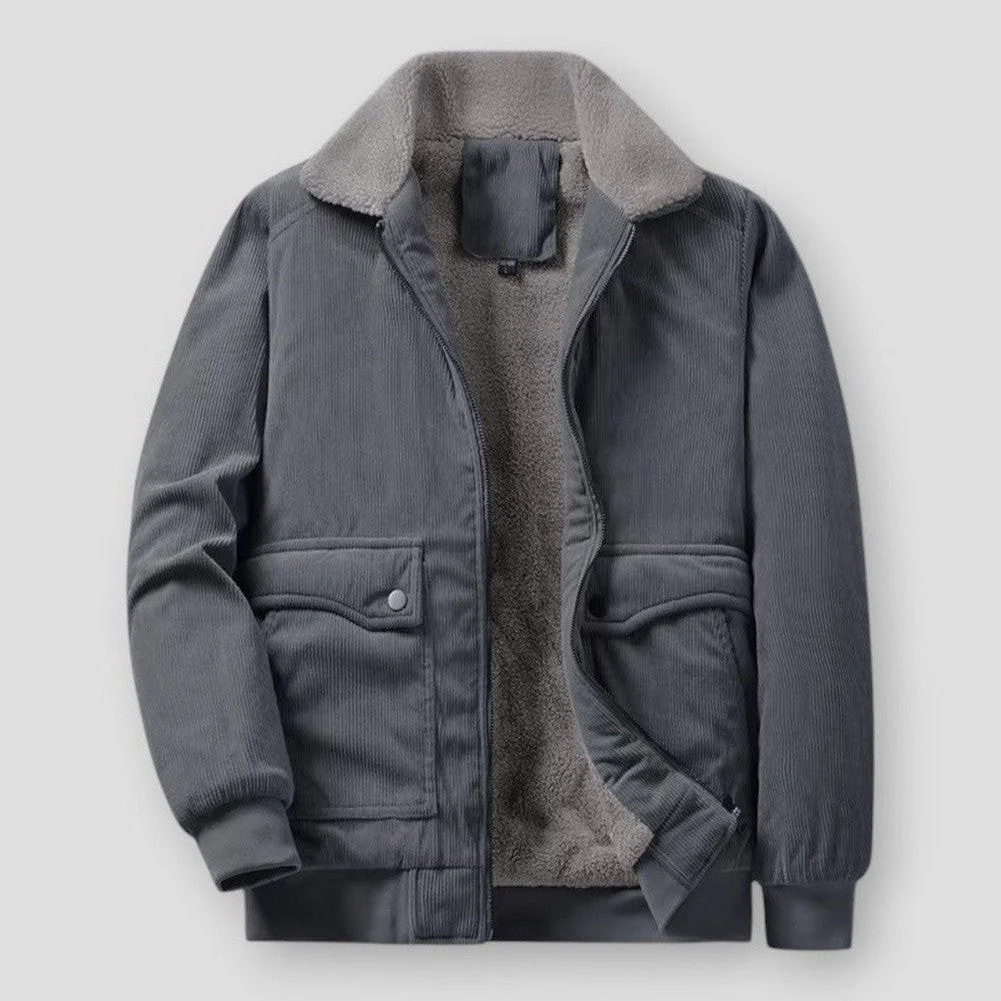 Men’s Bomber Jacket – Relaxed Fit – Corduroy Texture – Sherpa Collar – Ribbed Hem