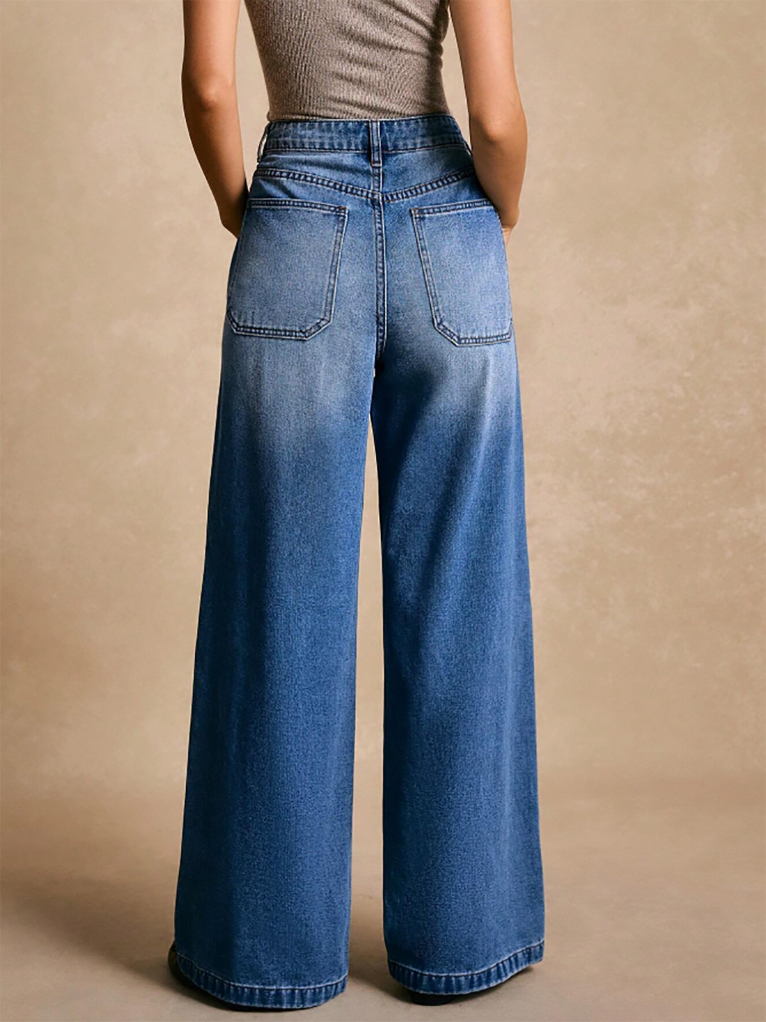 Women’s Wide-Leg Trousers – High Waist – Denim – Relaxed Fit – Studded Patch Pockets