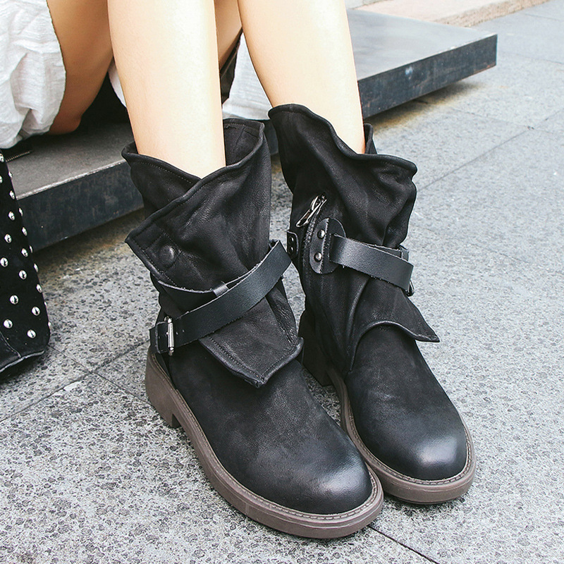 Women’s Mid-Calf Boots – Slouch Shaft – Buckle Straps – Lug Sole – Low Block Heel