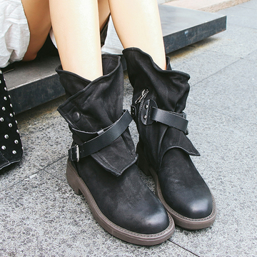 Women’s Mid-Calf Boots – Slouch Shaft – Buckle Straps – Lug Sole – Low Block Heel