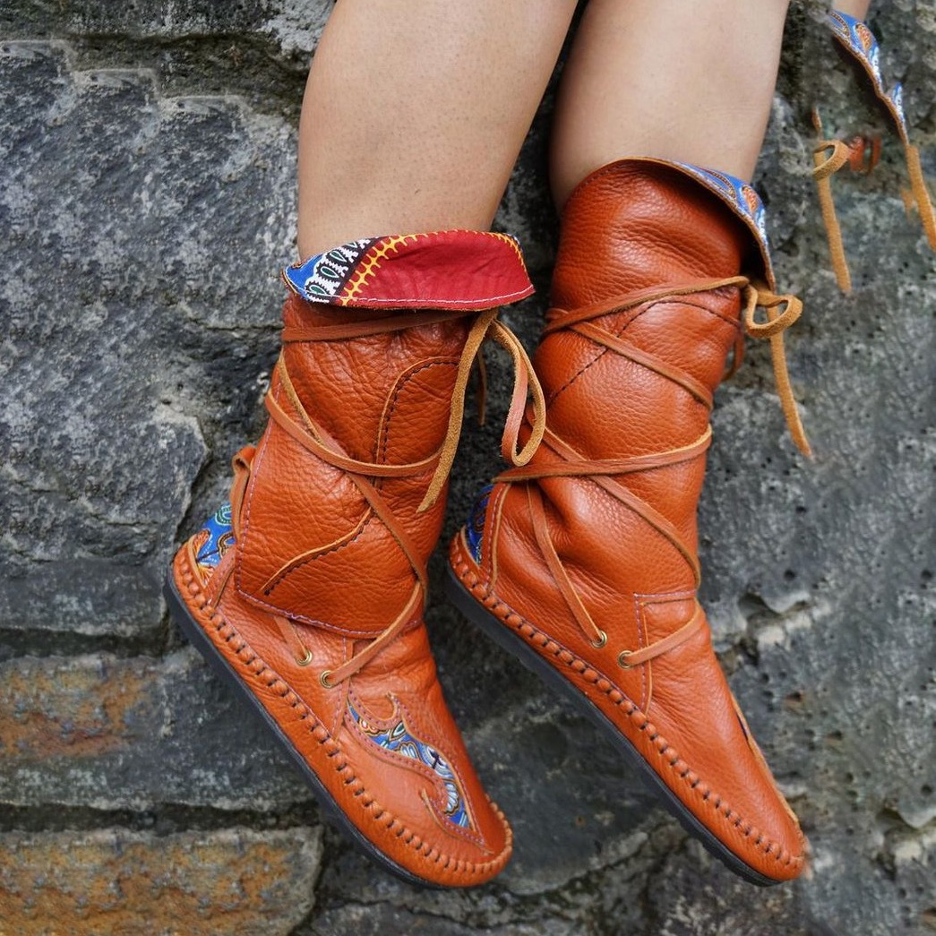 Women’s Mid-Calf Boots – Tumbled Leather – Moccasin Style – Embroidered Fold-Over Cuff