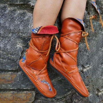 Women’s Mid-Calf Boots – Tumbled Leather – Moccasin Style – Embroidered Fold-Over Cuff