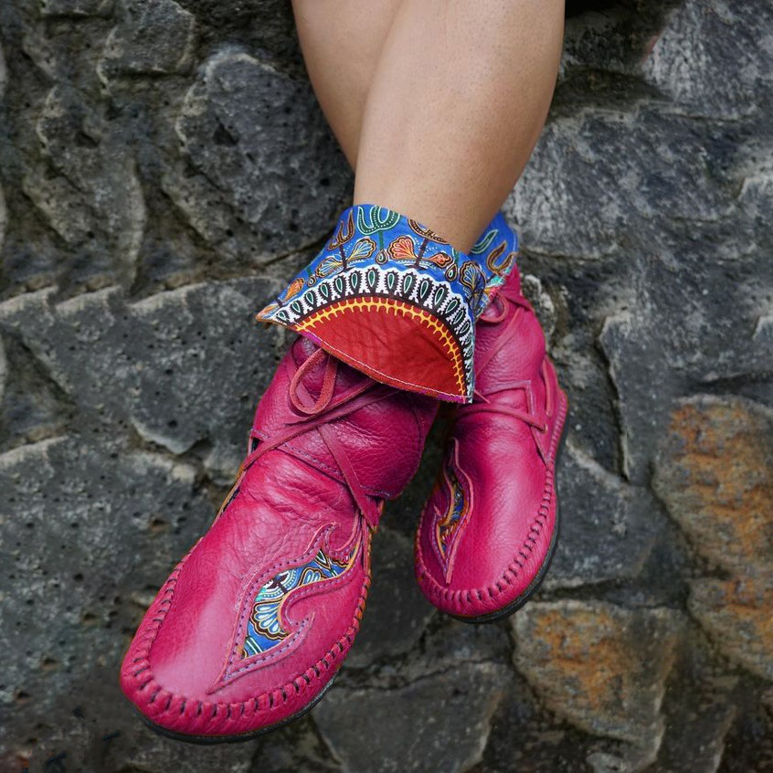 Women’s Mid-Calf Boots – Tumbled Leather – Moccasin Style – Embroidered Fold-Over Cuff