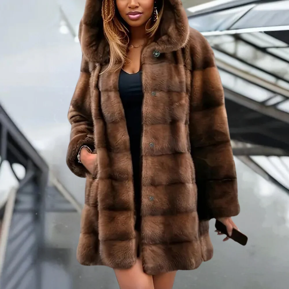 Women’s Trench Coat – Faux Fur – Relaxed Fit – Hooded – Mid-Thigh Length – Snap Closure