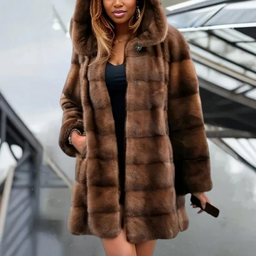 Women’s Trench Coat – Faux Fur – Relaxed Fit – Hooded – Mid-Thigh Length – Snap Closure