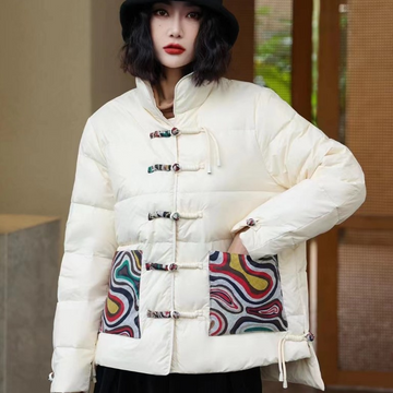 Women’s Quilted Jacket – Oversized Fit – High Collar – Frog Closures – Patch Pockets