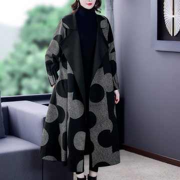 Women’s Trench Coat – Wool Blend – Oversized Fit – Shawl Collar – Abstract Pattern