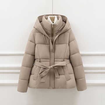 Women’s Padded Coat – Slim Fit Quilted Design – Hooded with Tie Waist – Zipper Closure
