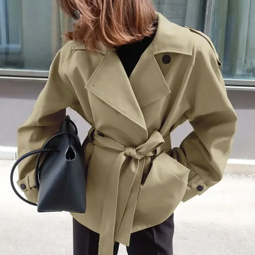 Women’s Cropped Trench Coat – Cotton Blend – Relaxed Fit – Belted Waist – Single Breasted