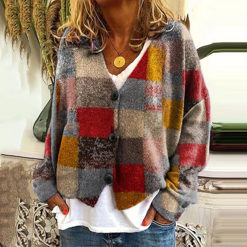Women’s Cardigan – Relaxed Fit Knit – Patchwork Floral Design – Button Front