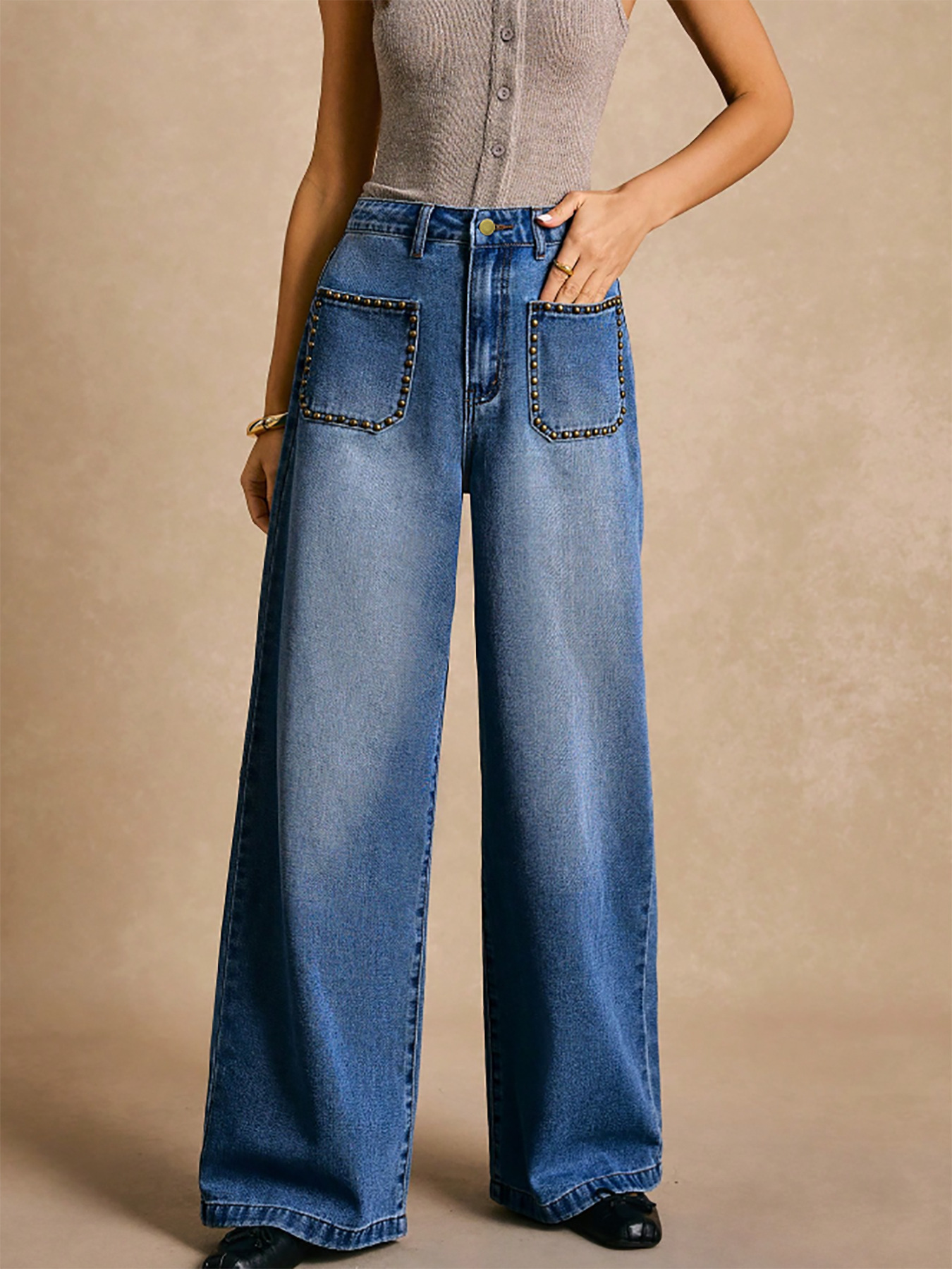 Women’s Wide-Leg Trousers – High Waist – Denim – Relaxed Fit – Studded Patch Pockets