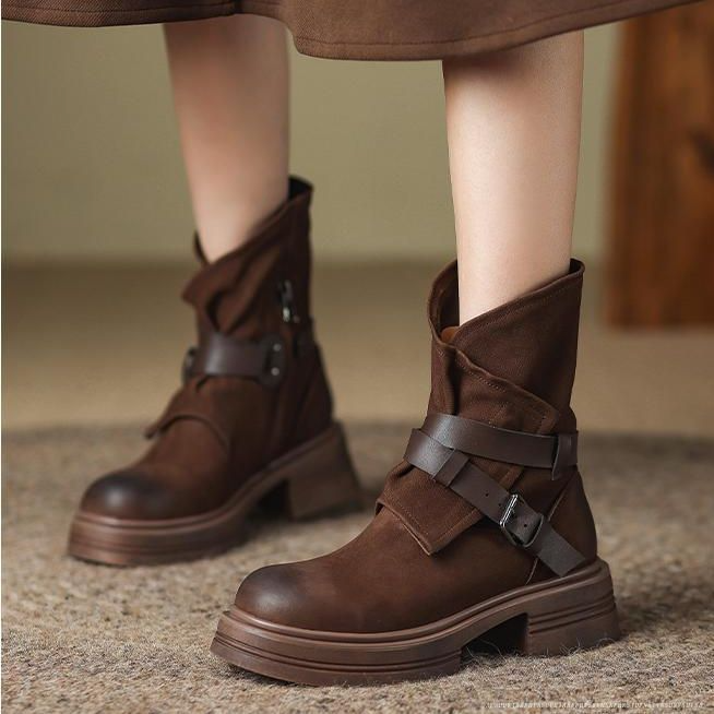 Women’s Mid-Calf Boots – Slouch Shaft – Buckle Straps – Lug Sole – Low Block Heel