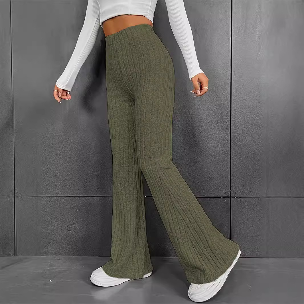 Women’s Trousers – Slim Fit – High Waist – Ribbed Knit Stretch – Flared Leg – Full Length