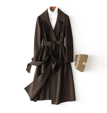 Women’s Wool Coat – Longline Fit – Belted Waist – Open Front Tailored Style