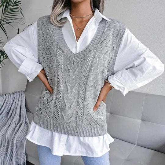 Women’s Knitted Vest – Relaxed Fit – Cable Knit – V-Neck – Hip Length Layering Piece