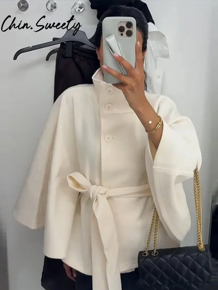 Women’s Cape Jacket – Wool Blend – High Neck – Belted Waist – Flared Silhouette