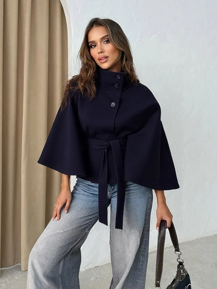 Women’s Cape Jacket – Wool Blend – High Neck – Belted Waist – Flared Silhouette