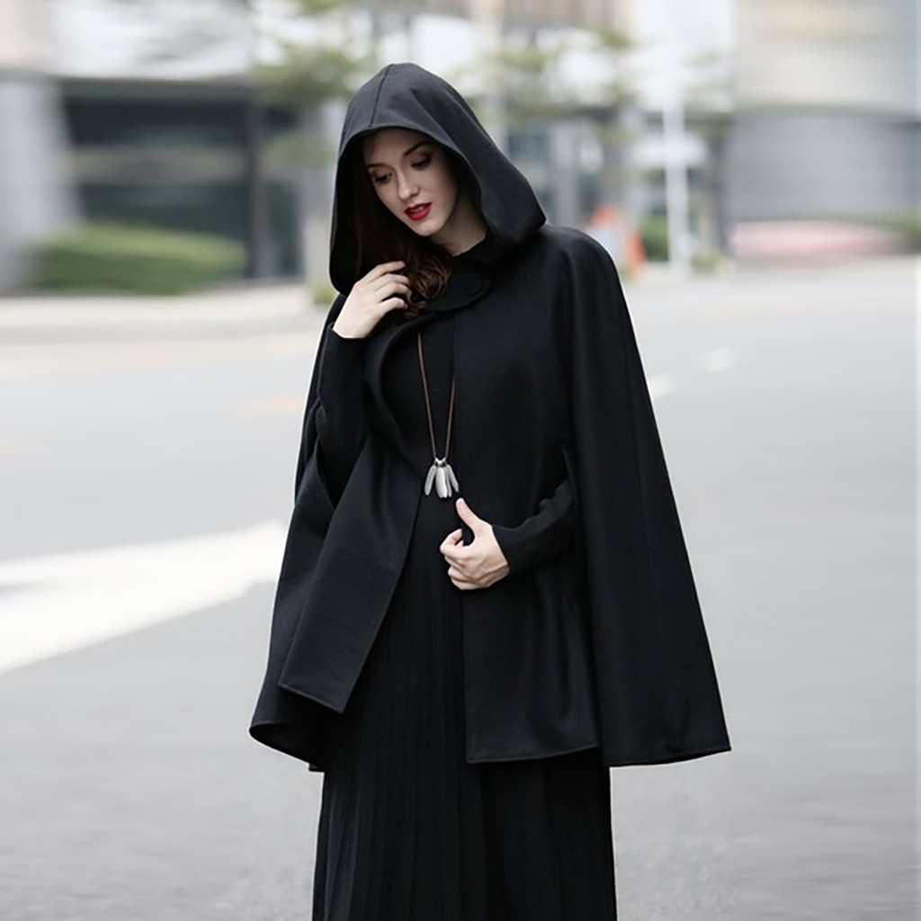 Women’s Cape – Wool Blend – Loose Fit – Hooded – Open Front – Mid-Length Draped