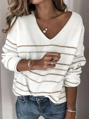 Women’s Sweatshirts – Relaxed Fit Knit – V-Neck – Striped – Full Sleeve Wool Blend
