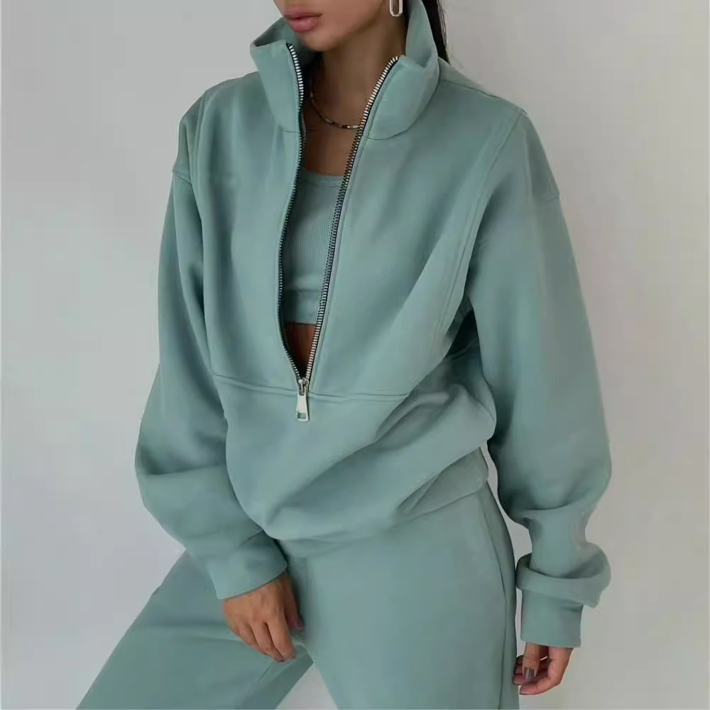 Women’s Two-Piece Tracksuit Set – Relaxed Fit – High Collar Zip Top – Elastic Waist Joggers