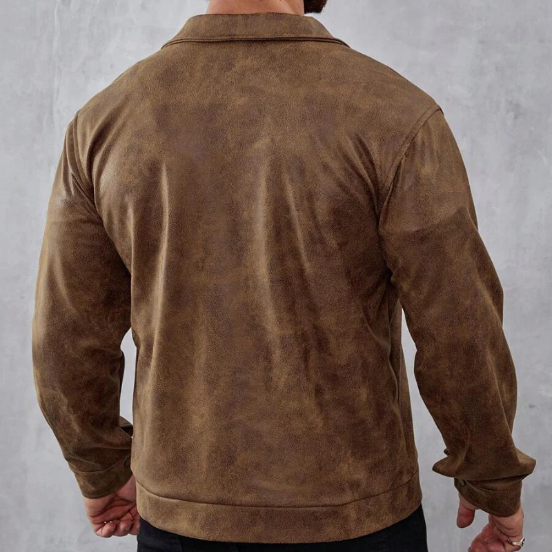 Men’s Leather Jacket – Distressed Texture – Classic Fit – Snap Button – Multi-Pocket