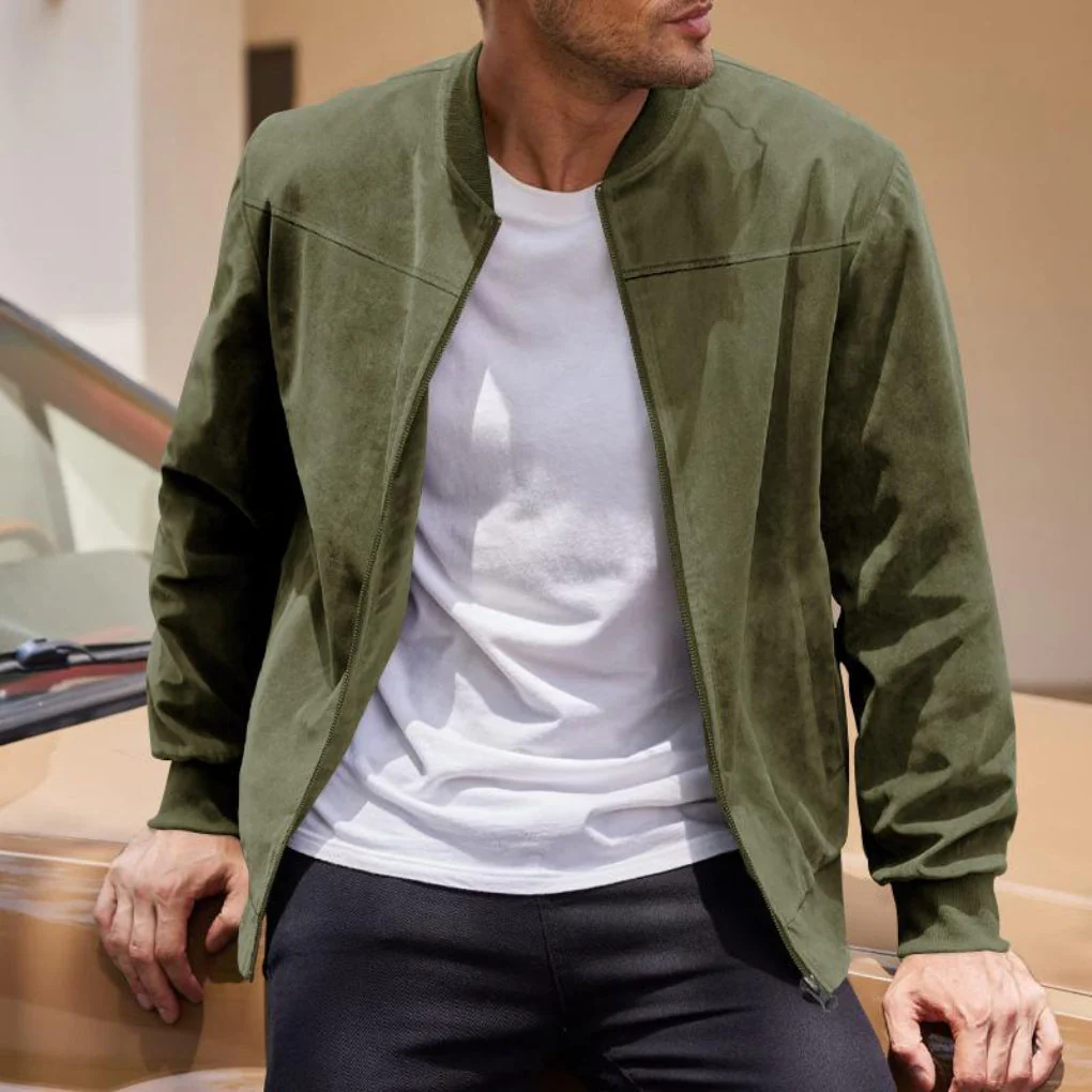 Men’s Suede Jacket – Classic Fit – Collarless – Zip Front – Soft Texture Casual Style