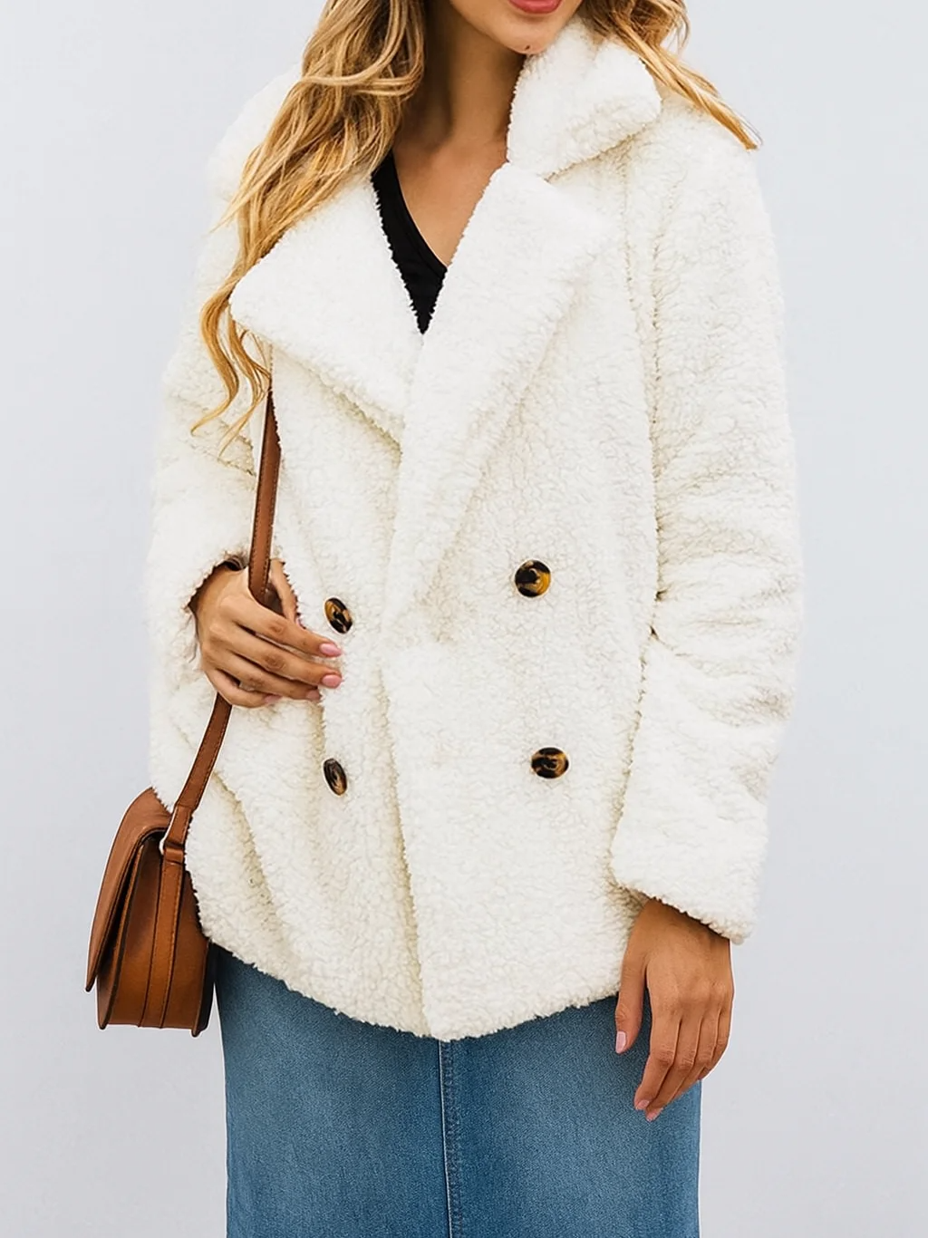 Women’s Fleece Jacket – Relaxed Fit – Sherpa Feel – Double-Breasted with Lapel Collar