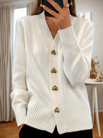 Women’s Knit Cardigan – Relaxed Fit – Wool Blend – V-Neck with Heart Buttons