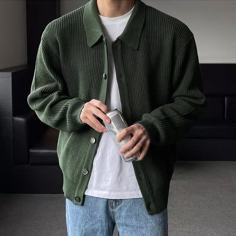 Men’s Knitted Sweatshirts – Relaxed Fit – Ribbed Texture – Button Front – Collared Design