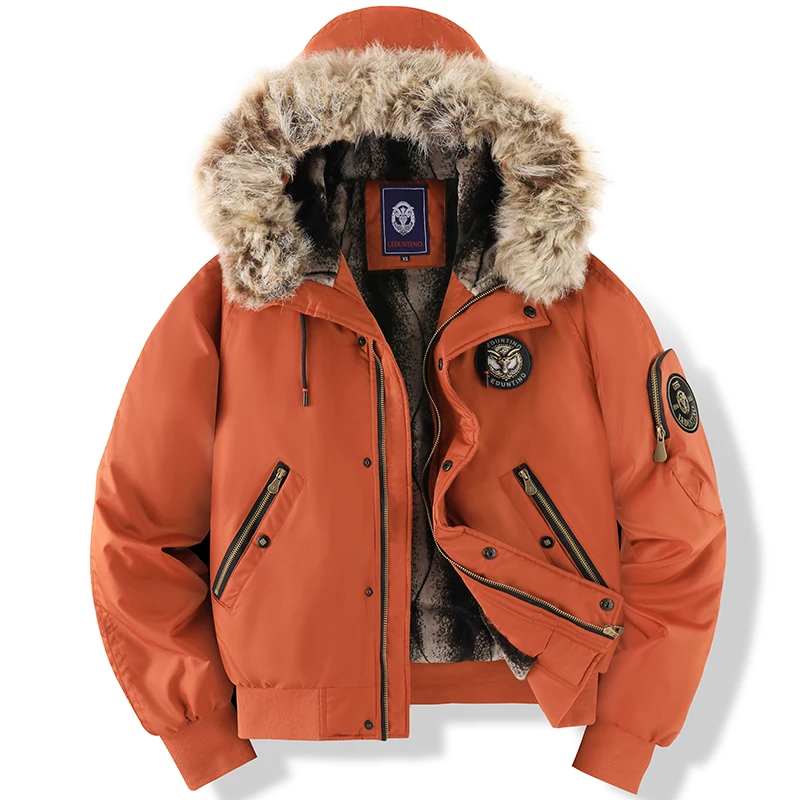 Men’s Bomber Jacket – Quilted Lining – Faux Fur Hood – Ribbed Trim – Zip Pockets