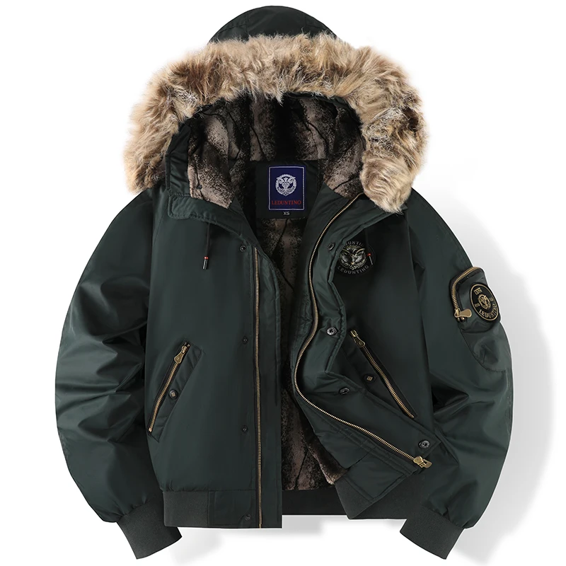Men’s Bomber Jacket – Quilted Lining – Faux Fur Hood – Ribbed Trim – Zip Pockets