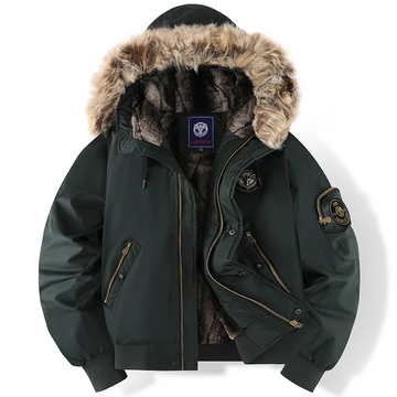 Men’s Bomber Jacket – Quilted Lining – Faux Fur Hood – Ribbed Trim – Zip Pockets