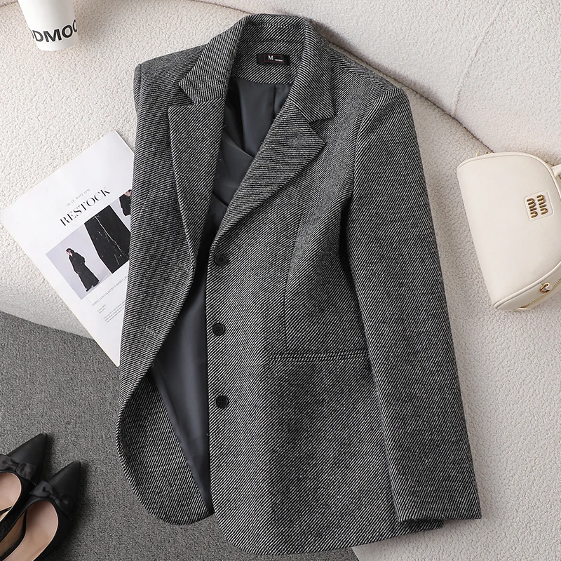 Women’s Blazer – Wool Tailored Fit – Turn-Down Collar – Single-Breasted Formal Style