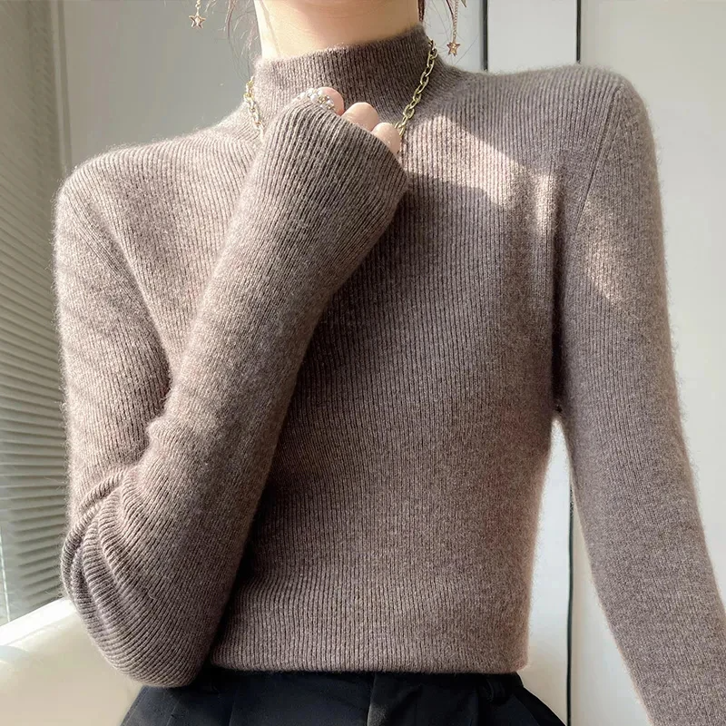 Women’s Pullover Sweater – Slim Fit – Wool Knit – Turtleneck – Ribbed Trim