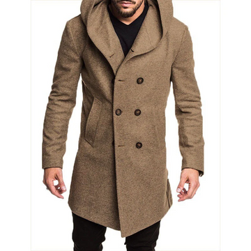 Men’s Long Wool Coat – Slim Fit – Double-Breasted Hooded – Formal Outerwear