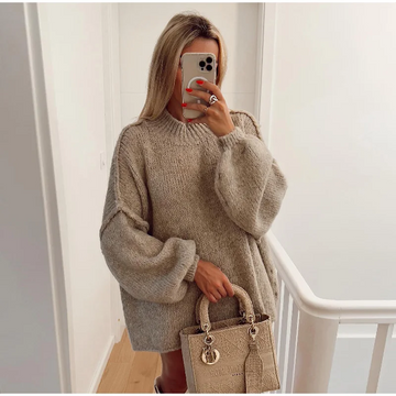 Women’s Sweatshirt – Oversized Knit – Balloon Sleeves – Long Length – Round Neck