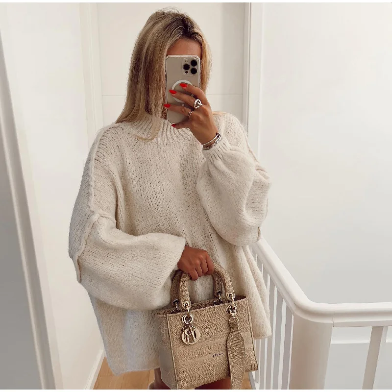 Women’s Sweatshirt – Oversized Knit – Balloon Sleeves – Long Length – Round Neck