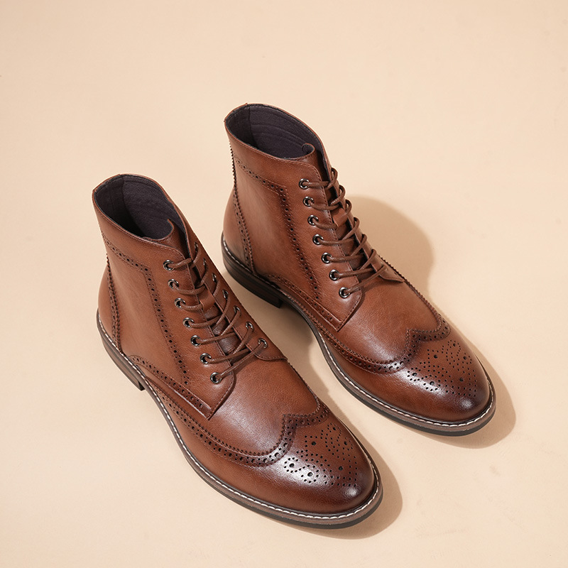 Men’s Ankle Boots – Leather Wingtip – Brogue Detailing – Lace-Up – Stacked Heel
