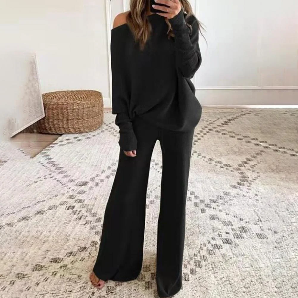Women’s Two-Piece Loungewear Set – One-Shoulder Top – Wide-Leg Pants – Soft Knit – Oversized Fit