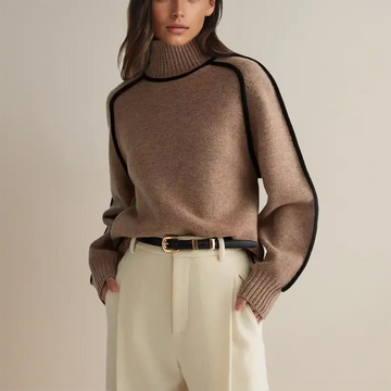 Women’s Pullover Sweatshirt – Relaxed Fit – Mock Turtleneck – Ribbed Cuffs – Knit Fabric – Contrast Piping