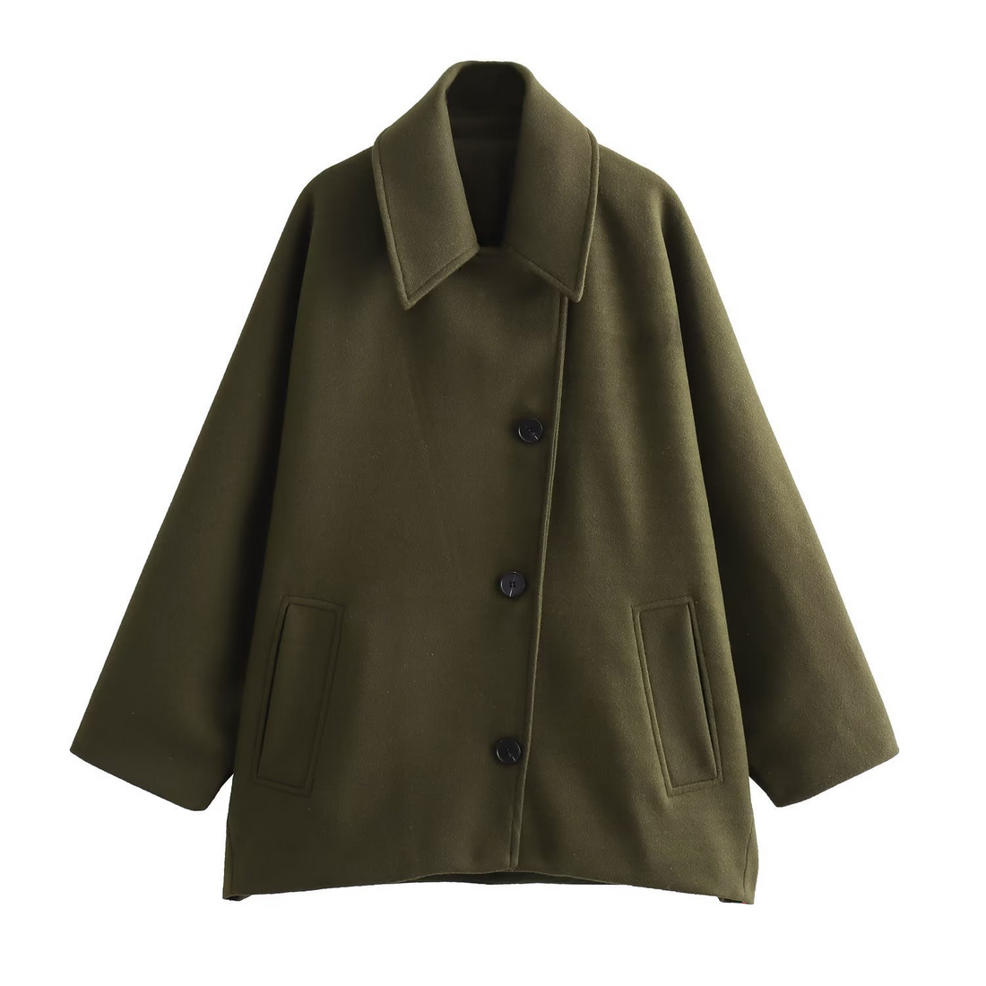Women’s Coat – Oversized Fit – Wool Feel – Batwing Sleeve – Lapel Collar – Button Front