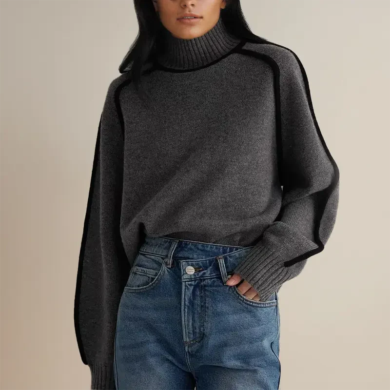 Women’s Pullover Sweatshirt – Relaxed Fit – Mock Turtleneck – Ribbed Cuffs – Knit Fabric – Contrast Piping