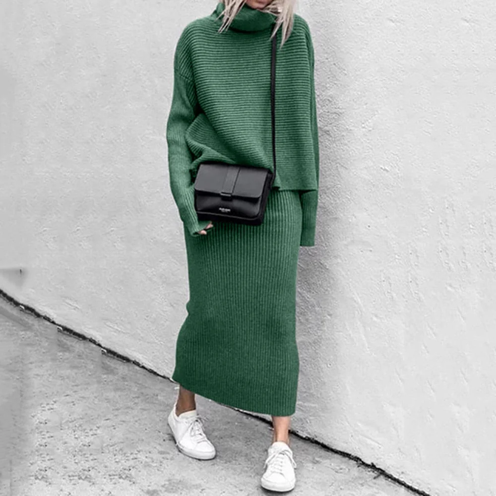Women’s Two-Piece Sweater and Skirt Set – Ribbed Knit – Turtleneck – Slim Fit Midi Skirt