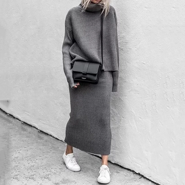 Women’s Two-Piece Sweater and Skirt Set – Ribbed Knit – Turtleneck – Slim Fit Midi Skirt