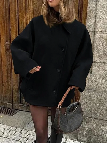 Women’s Coat – Oversized Fit – Wool Feel – Batwing Sleeve – Lapel Collar – Button Front