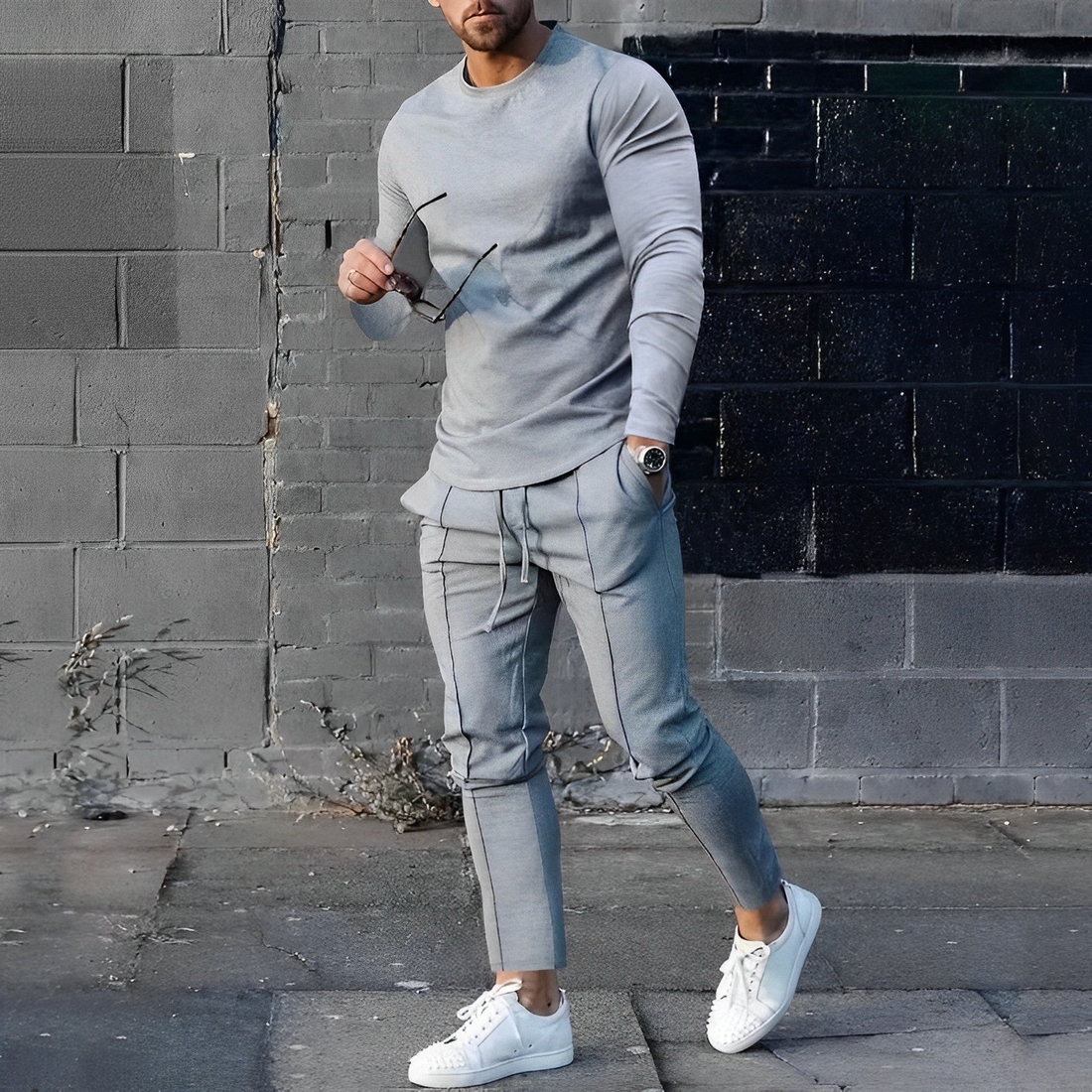 Men’s Two-Piece Sweatshirt and Jogging Pants Set – Slim Fit – Cotton Blend – Crew Neck – Drawstring Waist