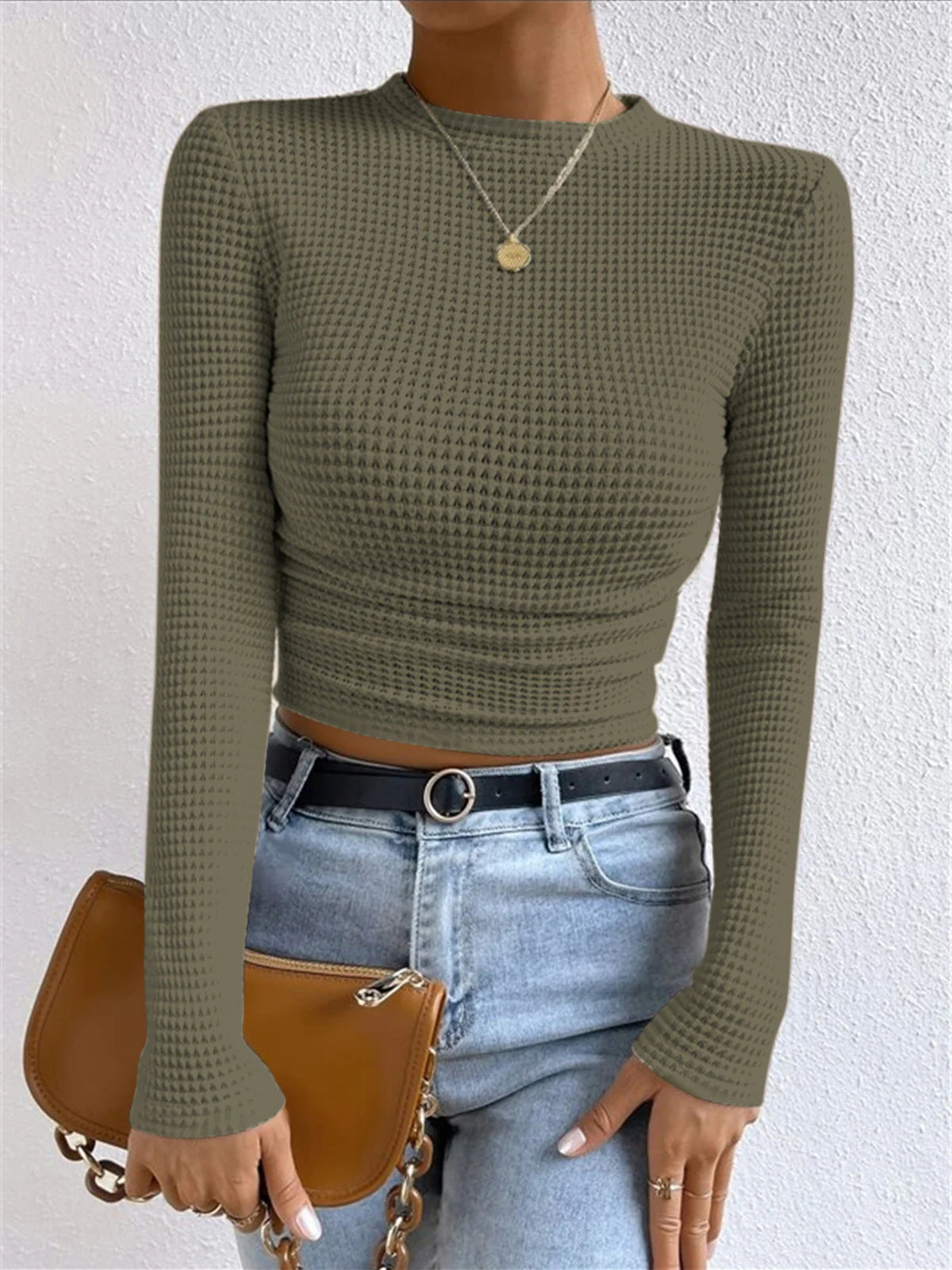 Women’s Sweatshirt – Slim Fit – Waffle Knit – High Neck – Cropped – Long Sleeve